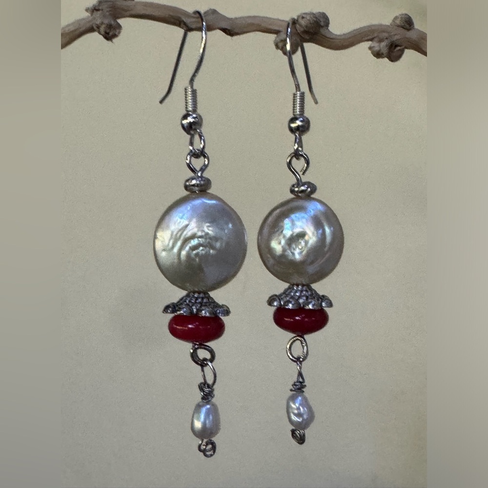 Handcrafted Genuine Silver Coin Pearl & Red Coral Bead Drop w/ Dangles Earrings - Picture 9 of 15
